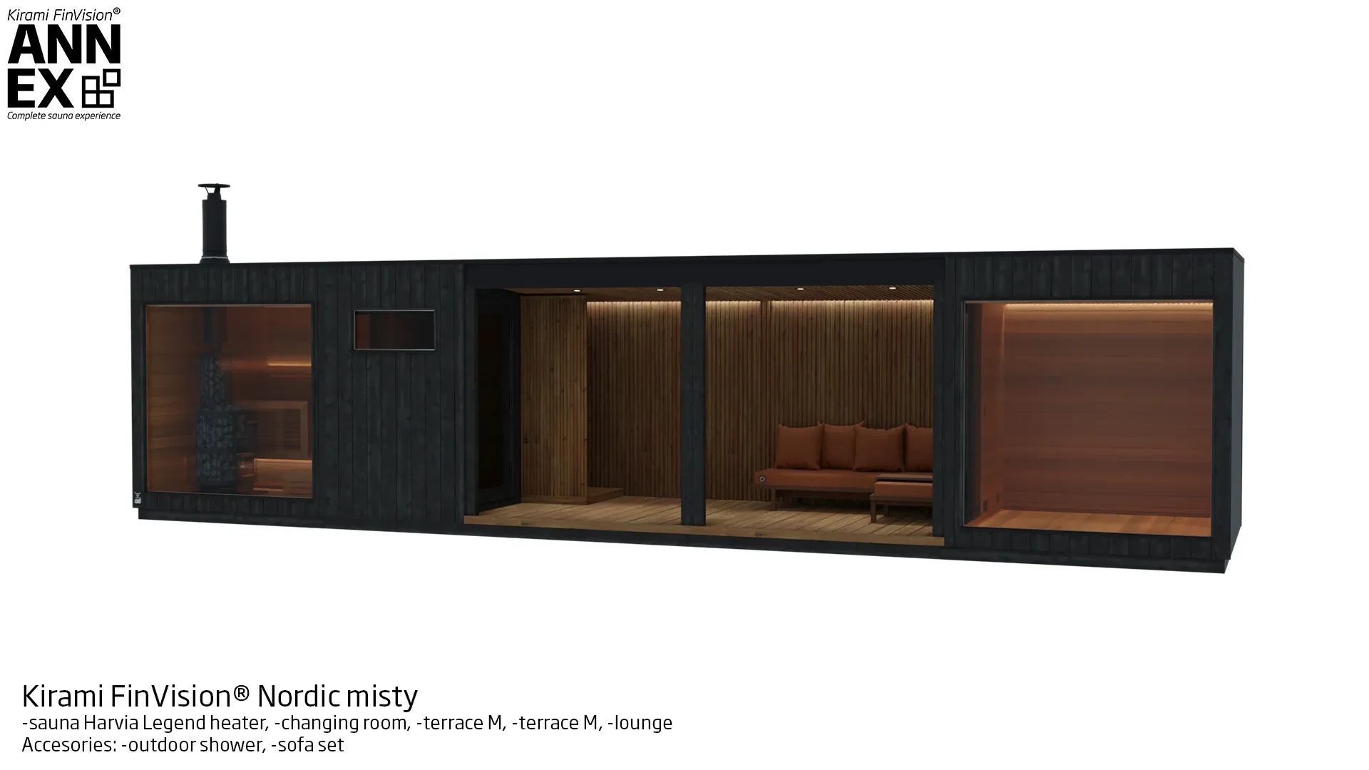 Kirami FinVision® -sauna (with Harvia Legend heater), -changing room, -terrace M, -terrace M, -lounge Misty | Kirami FinVision® Annex